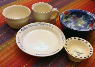 cup, plate, and 3 bowls