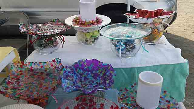 Colorful speckled glass bowls, candle-holders, cake plates, etc.