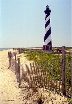 lighthouse with diagonal b&w stripes