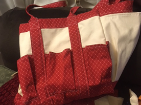 Multi-pockets on a canvas bag with red print pockets and trim.  Outside pockets could be for gardening tools.