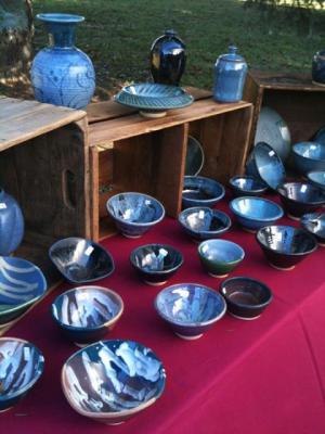 lots of matching blue bowls and jars