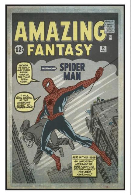 print of the cover of a classic spiderman comic book