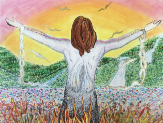 A free-hand colored drawing of a bare-chested man, facing away towards a sunrise or sunset and waterfalls, standing among flames of fire with broken chains hanging from his wrists. He is a light-skinned caucasian with long brown hair.
